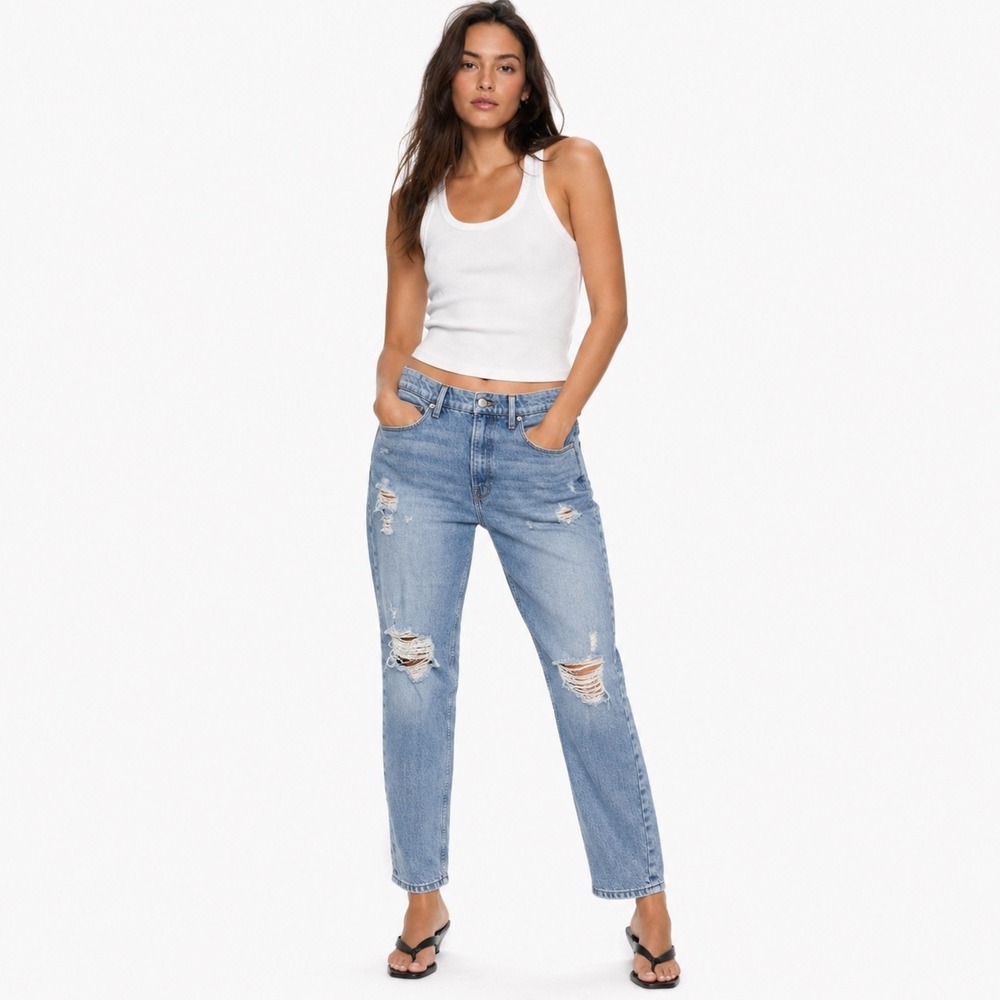 Good American Distressed High Rise Straight Leg Jeans Women 10/30 Denim